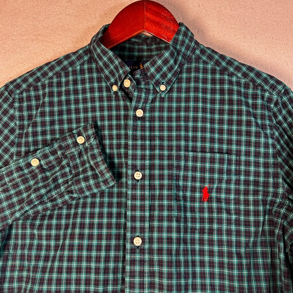 Ralph Lauren Boys XL 18-20 Green Navy Plaid Button Down Shirt Long Sleeve Pony